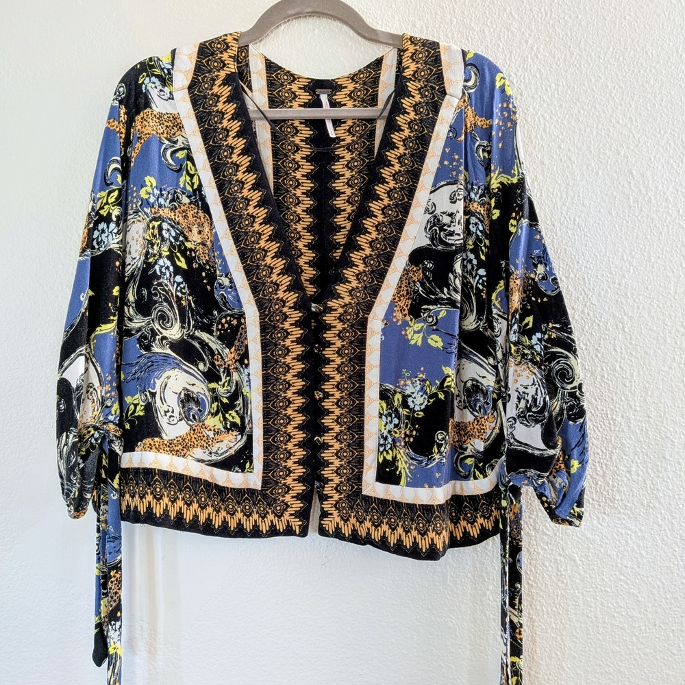 Free People Blue and Black Patterned Blouse